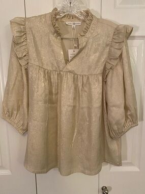 Metallic Cream Ruffle-Trim Blouse